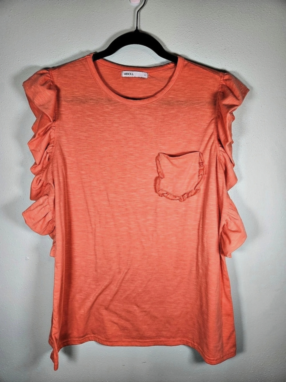MIHOLL Ruffled Sleeve Tee in Orange Large
